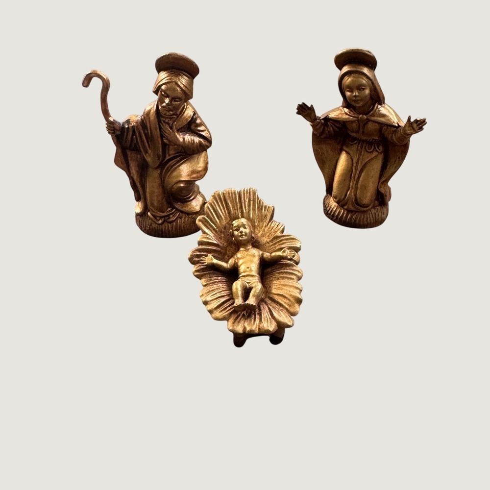 Vintage Holy Family Nativity Set 3 Piece Miniature Gold Plastic Hong Kong